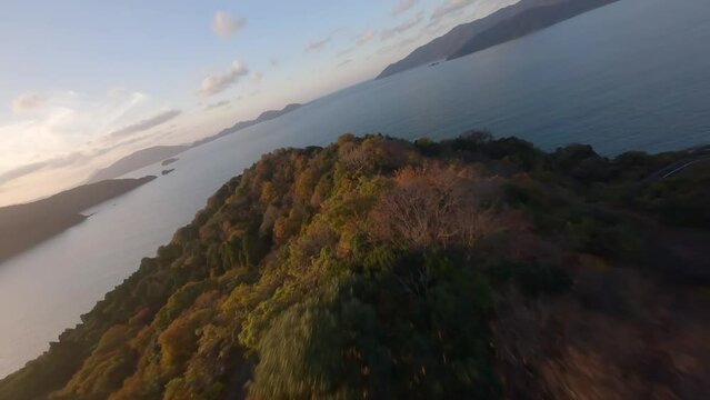 Aerial view of colored mountain at sunset in autumn in Fukui Japan