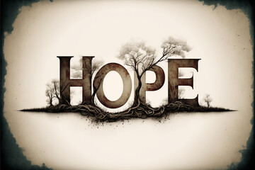 The word HOPE with a tree growing from it and roots underneath, plain background, generative art
