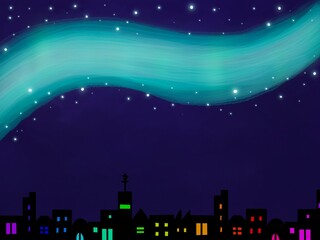 Fototapeta premium 銀河、オーロラの夜空とカラフルな明かりが灯る街並みの背景