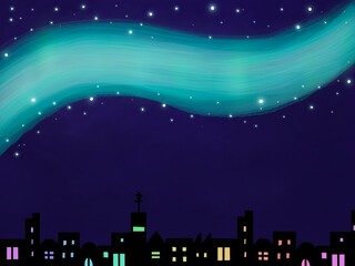 銀河、オーロラの夜空とパステルカラーの明かりが灯る街並みの背景