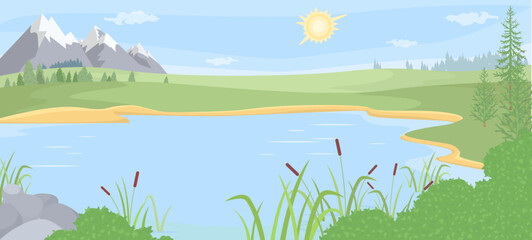 Mountain lake view vector nature background