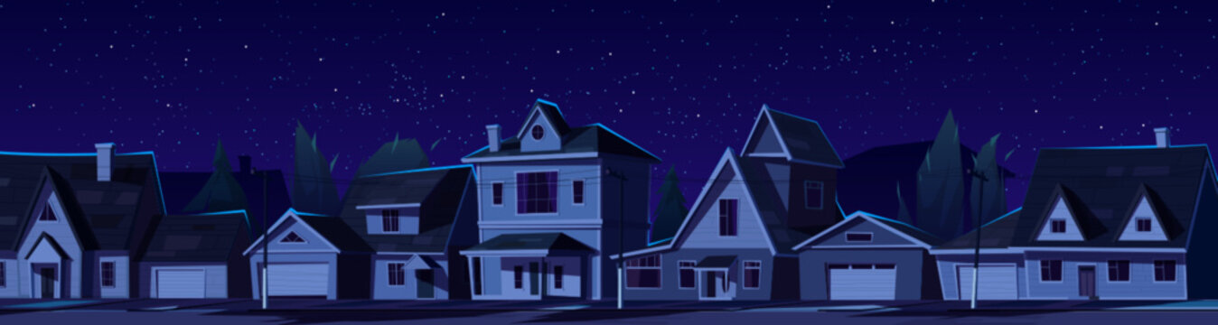 Suburban town street with dark houses at night. Vector cartoon illustration of district with residential buildings, trees and electricity lines under starry midnight sky. Blackout in city neighborhood