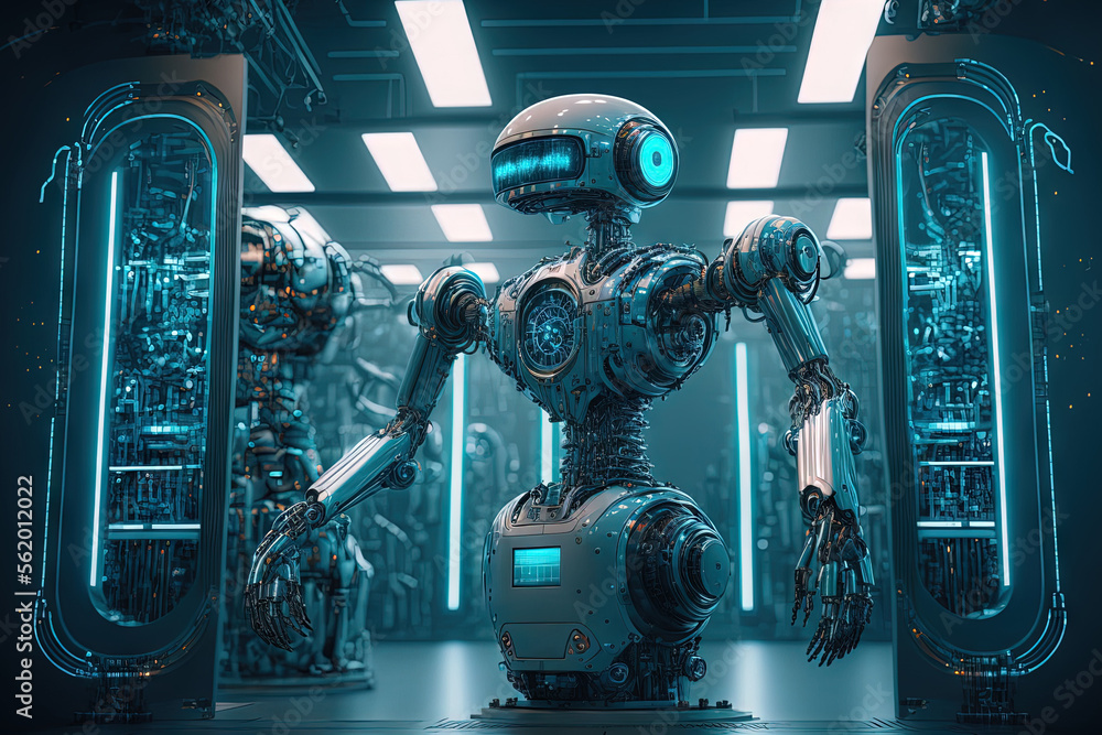 Poster artificial intelligence in the future. industrial robot factory control automation robot arms machin