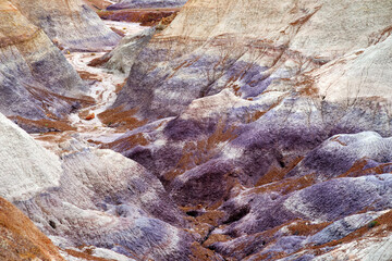 Striped purple sandstone formations of Blue Mesa badlands in Petrified Forest National Park, Arizona, USA.