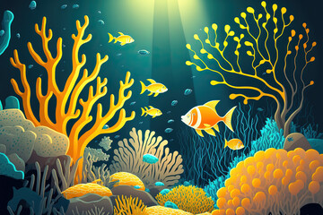 Fototapeta na wymiar shallow coral garden that is abstract, has a shiny water surface, and colorful yellow fish are active in the sunshine. Generative AI