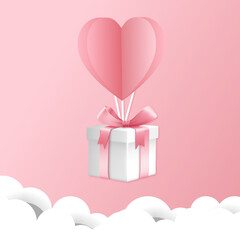 Gift boxes with heart balloon floating it the sky