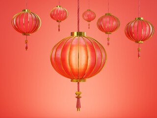 Red hanging lantern Traditional Asian decor. Decorations for the Chinese New Year. Chinese lantern festival. Realistic 3d design. Horizontal poster, greeting card, 3D rendering .