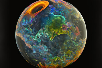 Psychedelic planet in various colors. Closeup a planet like soap bubble against a black background. Generative AI