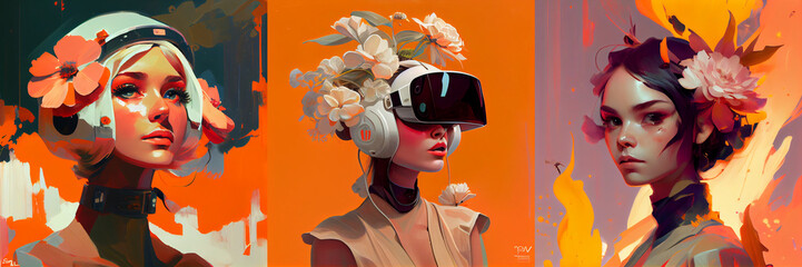 Illustration of girl in a helmet with flowers, collection
