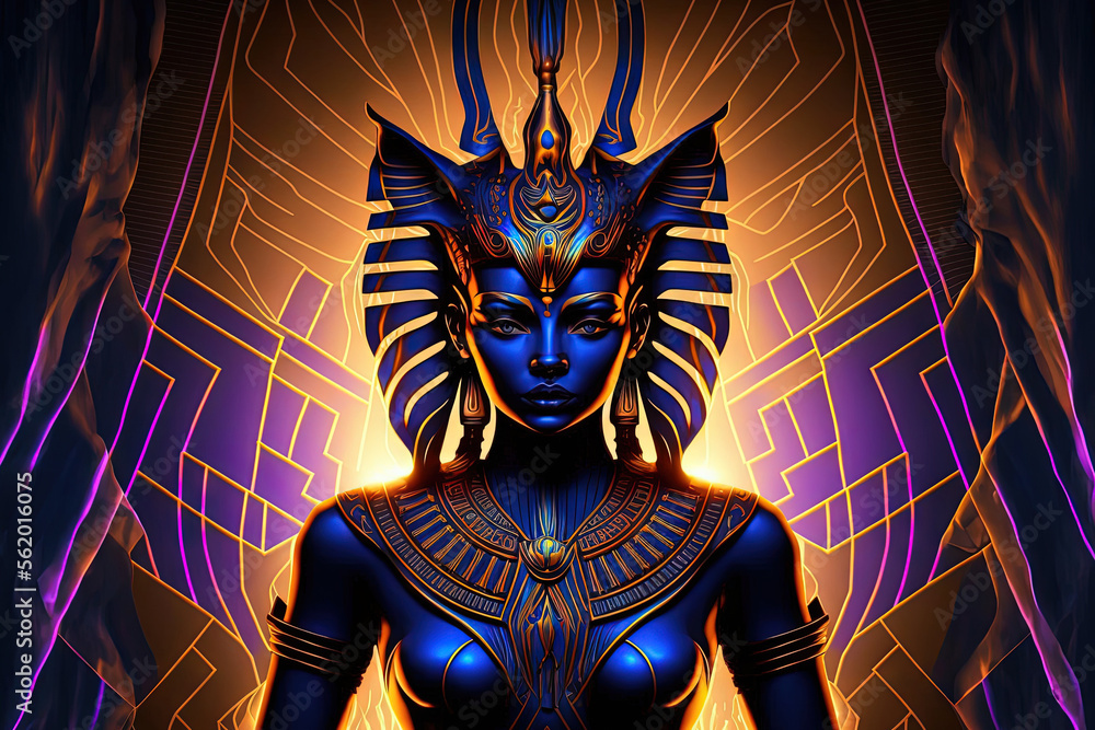 Wall mural Egyptian backdrop abstract, Egyptian goddess Bastet, rays, and an ethereal neon background. Generative AI