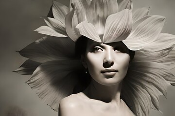 Close-up portrait of a topless woman with a giant flower above her head on a light background with copy space, generative ai - obrazy, fototapety, plakaty