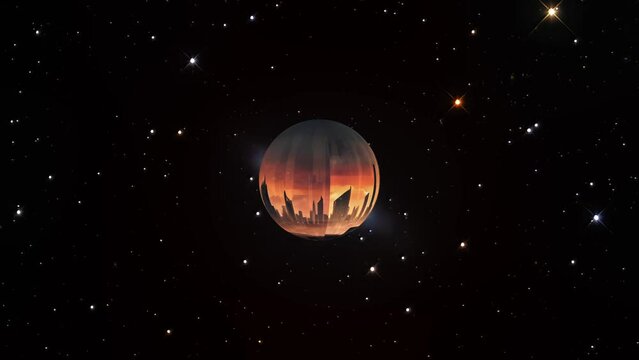 Rotating world as Alie ncity on deep space background