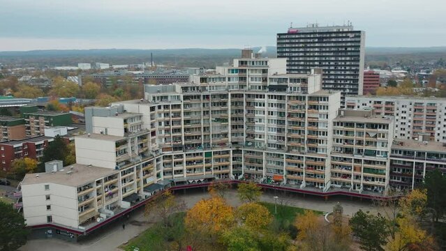 Aerial shot of a German ghetto called Porz Finkenberg on an overcast day with soft light