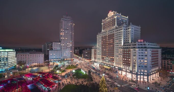 Madrid plaza de Espa&ntilde;a skyscraper hotel buildings during christmas night timelapse high speed clouds moving