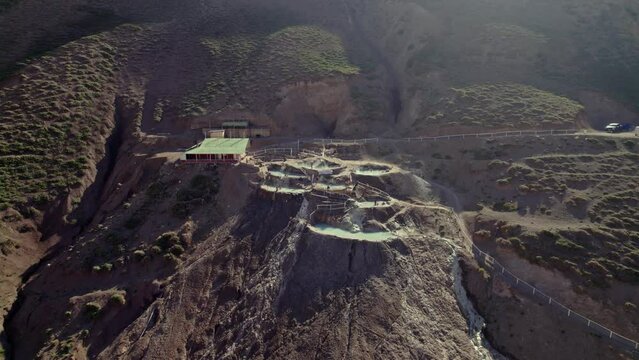 Thermal Pools At The Hot Spring Mountains Of Termas Valle de Colina In San Jos&eacute; de Maipo, Regi&oacute;n Metropolitana, Chile. Aerial Shot