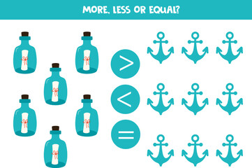 More, less or equal with bottles and anchors.
