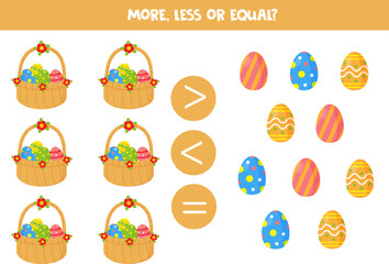 More, less or equal with cartoon Easter baskets.