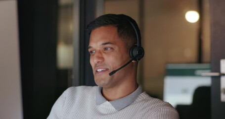 Telemarketing, overtime and crm, man in customer service talking with headset. Late night work, call center agent or sales consultant with smile with advisory support, help and consulting in office.