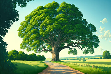 Beautiful oak tree with green foliage in the summertime countryside against a backdrop of a blue sky and green grass beneath the crown. in the distance, a road. Generative AI