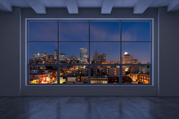 Empty room Interior Skyscrapers View Cityscape. Downtown San Francisco City Skyline Buildings from High Rise Window. Beautiful California Real Estate. Night time. 3d rendering.
