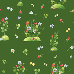 Strawberries, flowers, butterflies on green background watercolor seamless pattern. Cute, cartoon background with berries and flowers. Background for kids textile, wallpaper, fabric
