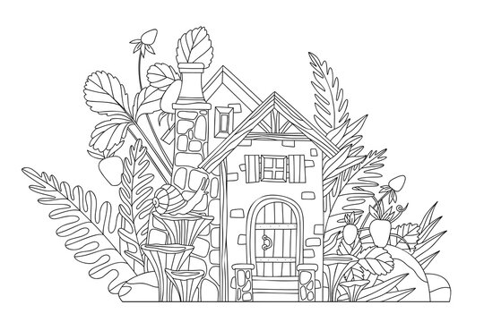Coloring page forest house in berries and wild plants in cartoon style. Linear vector illustration for coloring book. Forest house and plants.