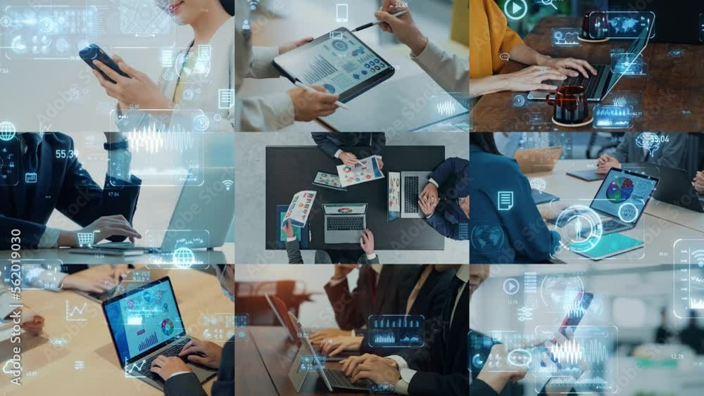 Poster Collage of various business scenes and digital data concept. Multi screen. Scaling transition.