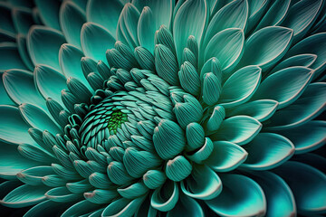 Close up of a blue green chrysanthemum bloom. Crop shot. Background of colorful flowers in the summer and spring. Generative AI