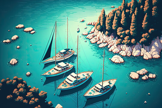 Croatia. Yachts floating on the water. Luxury floating boat seen from above in the sunny Adriatic Sea. image of travel. Generative AI
