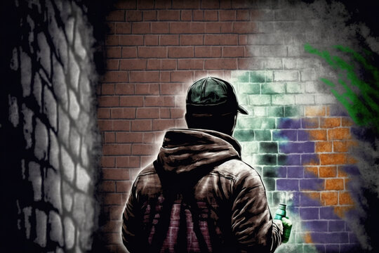 A person looking at a graffiti wall - Generative AI