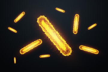 Concept infectious agents, bacteria, bacilli, E. coli, part of the gut microbiome. Magnified image from under the microscope. 3D rendering, 3D illustration.