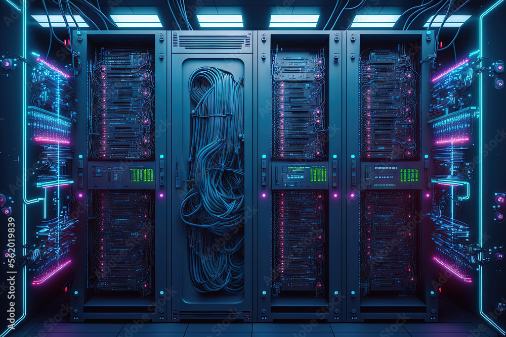 Poster platform for hosting contemporary internet contents. rack housing server data storage hardware. the 
