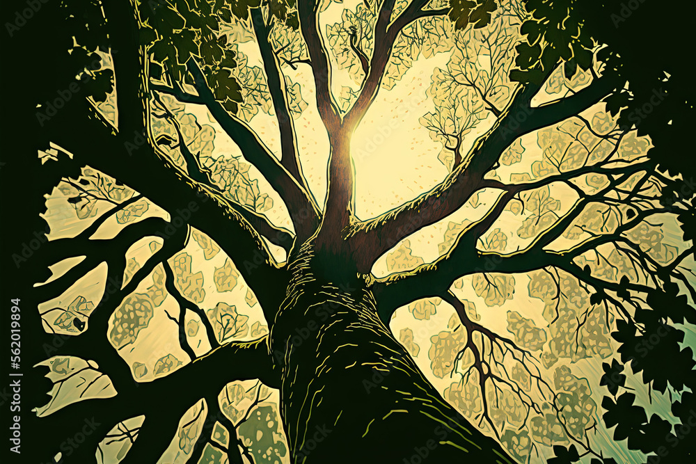 Aufkleber view of the treetop from the bottom. tree from above with sunlight effect. the sun's rays pass throu