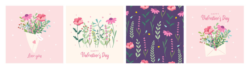 Happy Valentine's Day. Vector illustration of a bouquet of flowers, flowers in an envelope.  Concept of love. Beautiful greeting cards, posters, banner. Lovely romantic background. 