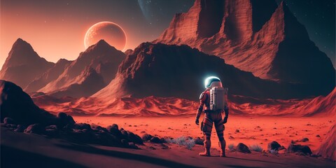 Astronaut on mars the red planet with alien UFO and modern technology machines.