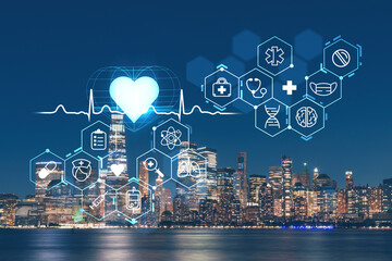 Skyline of New York City Financial Downtown Skyscrapers at night. Manhattan, NYC, USA. View from New Jersey. Health care digital medicine hologram. The concept of treatment and disease prevention