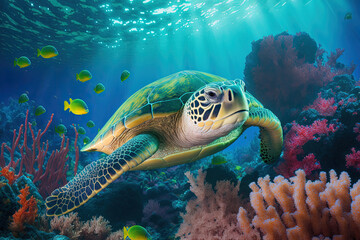 Close up of a green sea turtle swimming above a coral reef. Sea turtles are in danger as a result of illegal human activity. Generative AI
