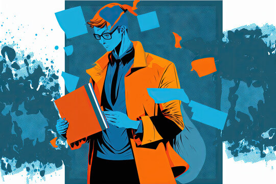 reporting preparation. Bright orange and blue costume with a comic book feel. Collage of modern art and design. Inspiration, concept, and hipster magazine fashion. negative space for your text or adve