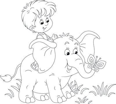 Happy little kid riding on a funny baby elephant and watching a tropical butterfly in a nature park on summer vacation, black and white outline vector cartoon illustration for a coloring book