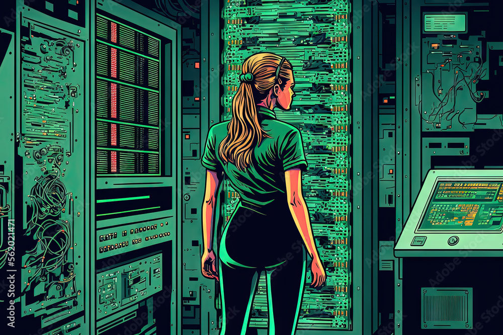 Poster a caucasian woman inspecting a server room is shown in a data processing image. conceptual depiction