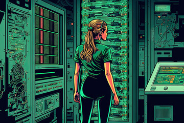 A Caucasian woman inspecting a server room is shown in a data processing image. Conceptual depiction of global technology with a digital interface. Generative AI