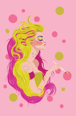 Girl with pink and yellow hair holding paintbrush
