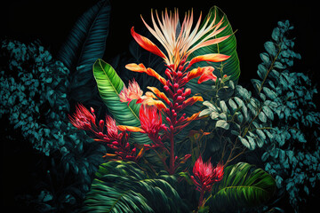 Fototapeta na wymiar bright blossom against a background of dark tropical vegetation. Generative AI