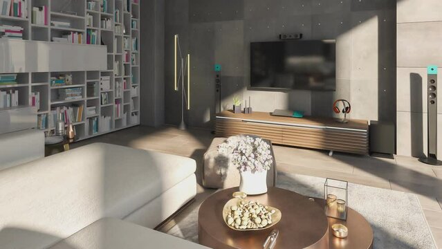 Penthouse-Apartment mit moderner Innenausstattung - Kameraanimation einer 3D-Visualisierung