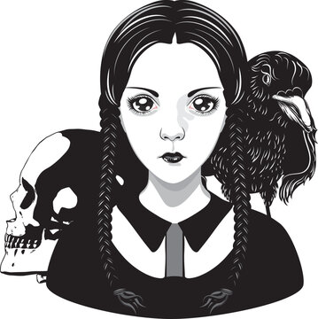 Gothic girl with two braids and skull