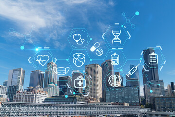 Seattle skyline with waterfront view. Skyscrapers of financial downtown at day time, Washington, USA. Health care digital medicine hologram. The concept of treatment and disease prevention