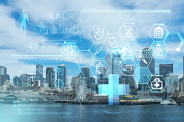 Seattle skyline with waterfront view. Skyscrapers of financial downtown at day time, Washington,...