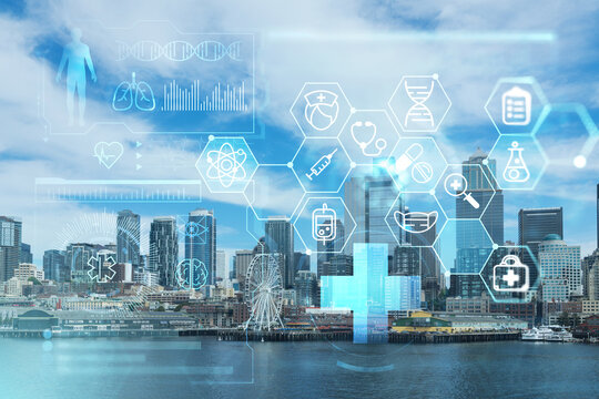 Seattle skyline with waterfront view. Skyscrapers of financial downtown at day time, Washington, USA. Health care digital medicine hologram. The concept of treatment and disease prevention