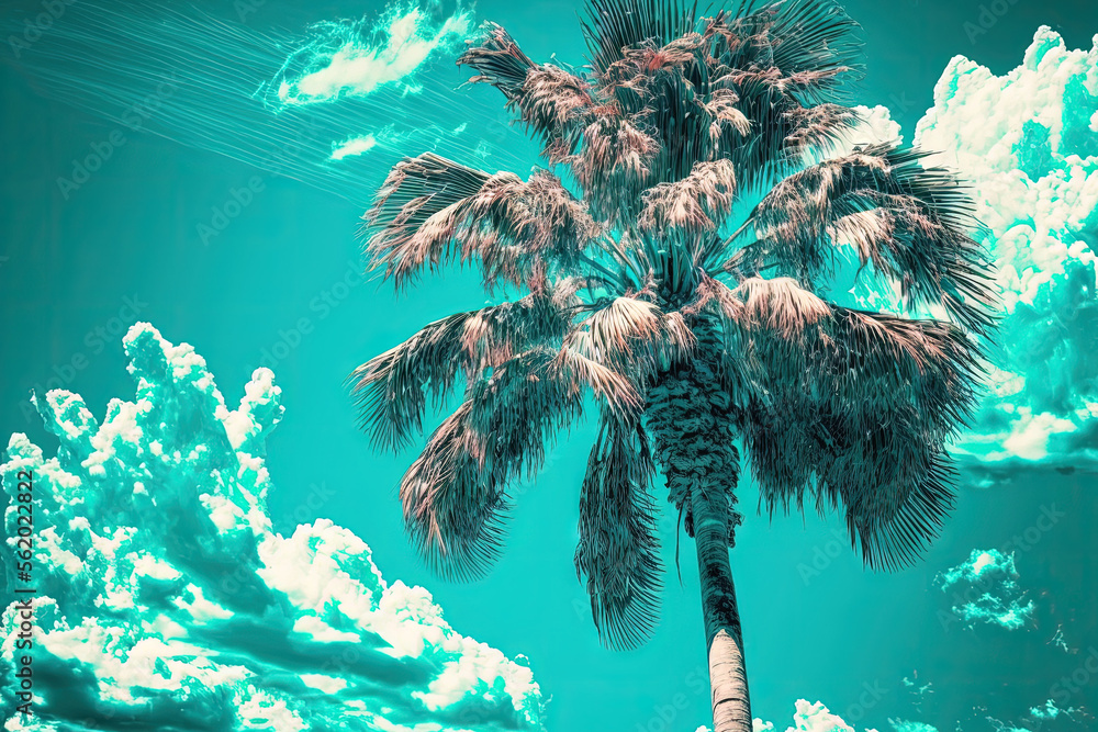Poster tropical palm tree on an abstract background of azure skies and clouds. summertime getaway and outdo