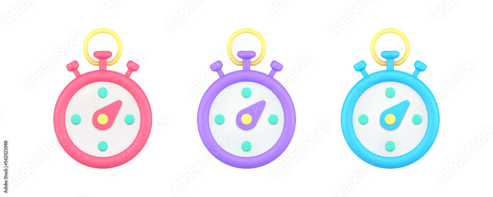 Poster stopwatch timer deadline countdown mechanical clockwise 3d icon set realistic vector illustration